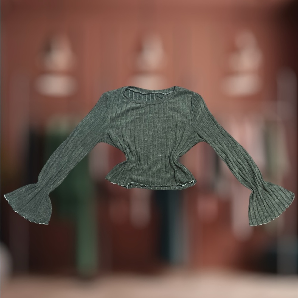 Ribbed Green Flared Sleeve Top